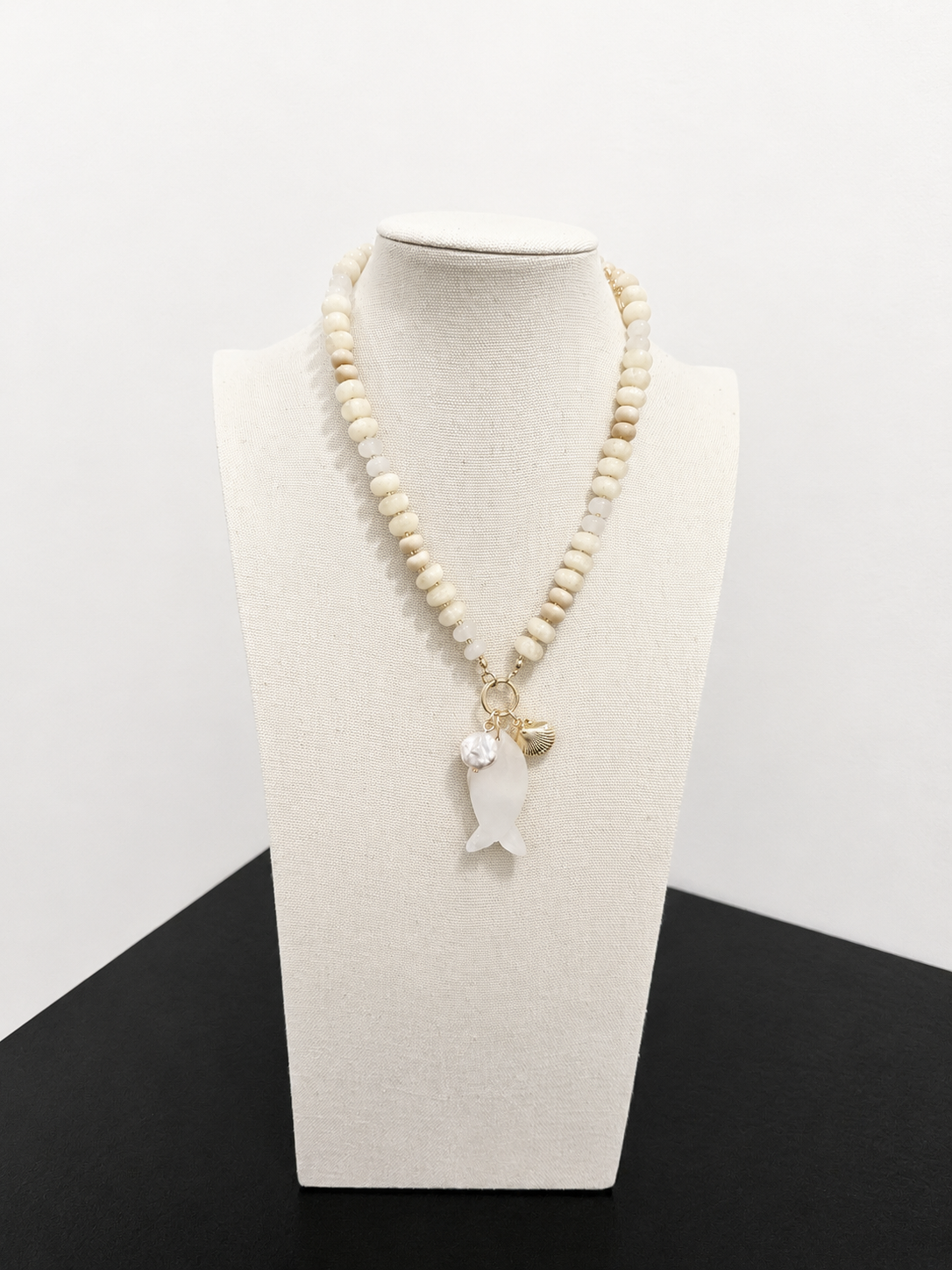 White Beaded Fish Charm Necklace